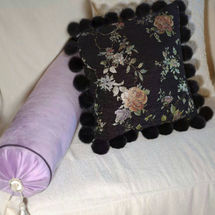 Velvet Floral Pillow Set – Black Chenille Square Cushion with Pom - Poms & Purple Round Bolster Pillow - WonderlandByLilian