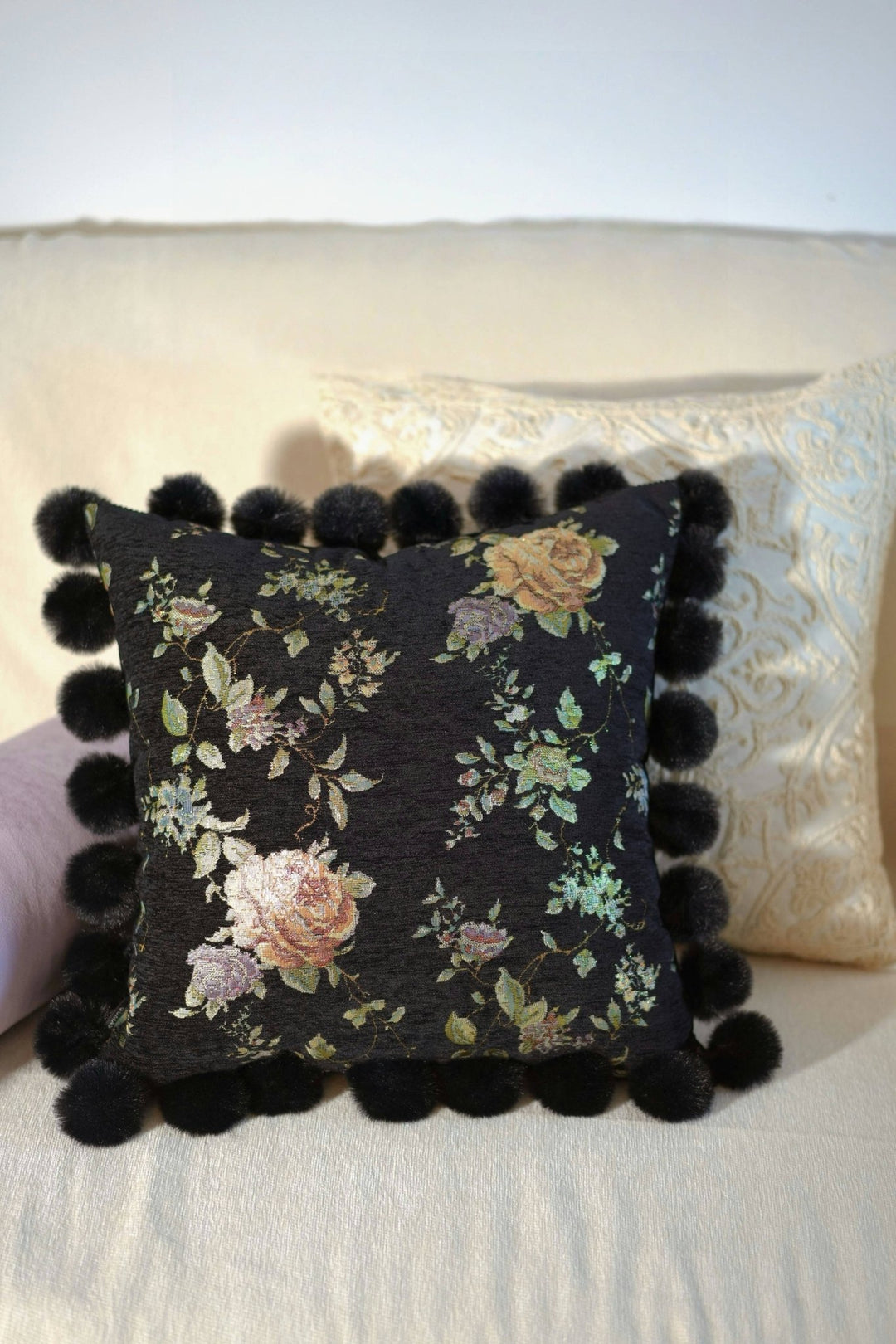 Velvet Floral Pillow Set – Black Chenille Square Cushion with Pom - Poms & Purple Round Bolster Pillow - WonderlandByLilian