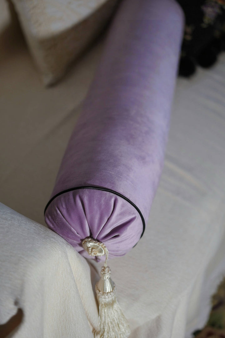 Velvet Floral Pillow Set – Black Chenille Square Cushion with Pom - Poms & Purple Round Bolster Pillow - WonderlandByLilian