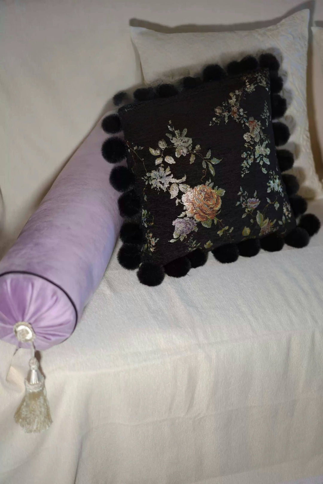 Velvet Floral Pillow Set – Black Chenille Square Cushion with Pom - Poms & Purple Round Bolster Pillow - WonderlandByLilian