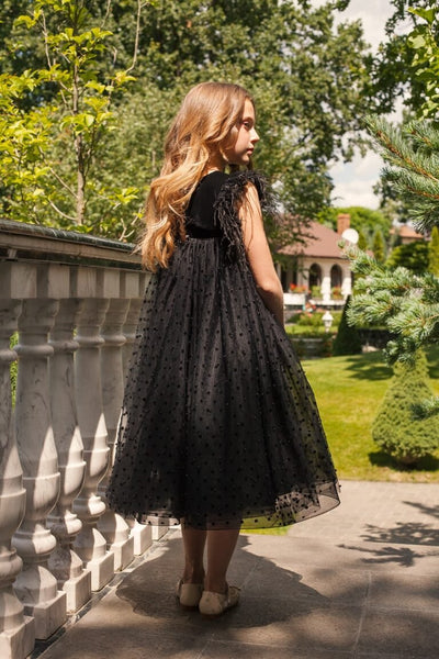 Velvet High - Waist Plus Size Girl’s Dress – Elegant Midi Party Gown with Dotted Tulle Skirt and Feather Sleeves for Special Occasions - WonderlandByLilian