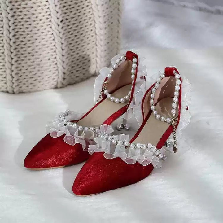 Velvet Vintage Pearl Ankle Strap Heels - Regency Inspired Retro Shoes - WonderlandByLilian