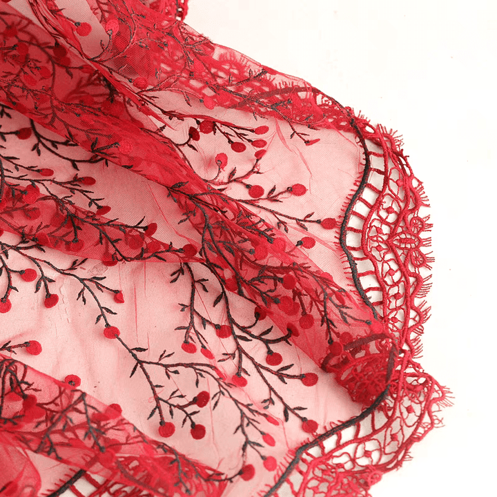 Vibrant Red Floral Embroidered Tulle Fabric - WonderlandByLilian