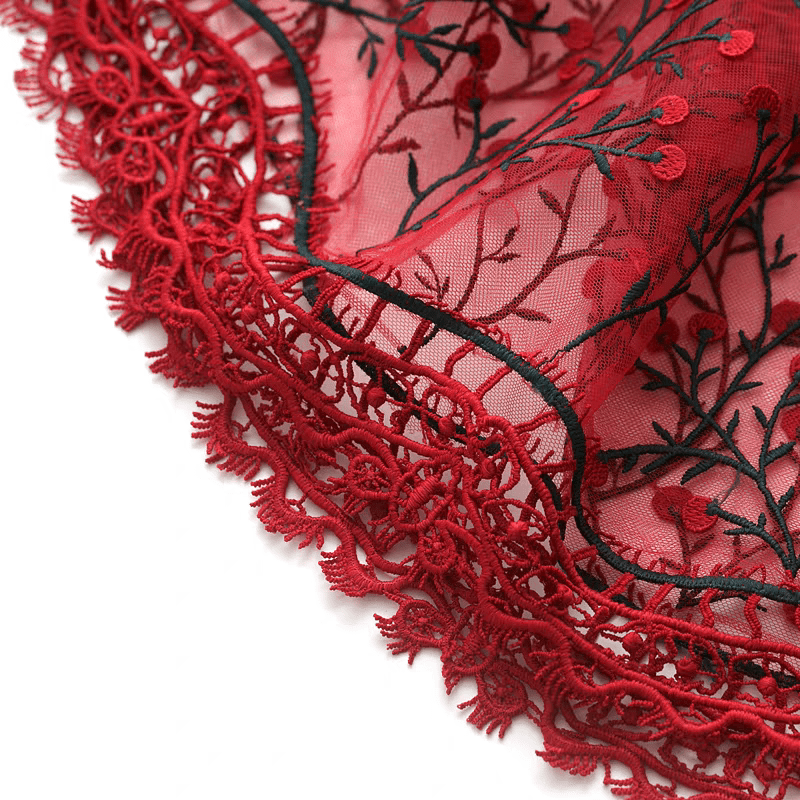 Vibrant Red Floral Embroidered Tulle Fabric - WonderlandByLilian