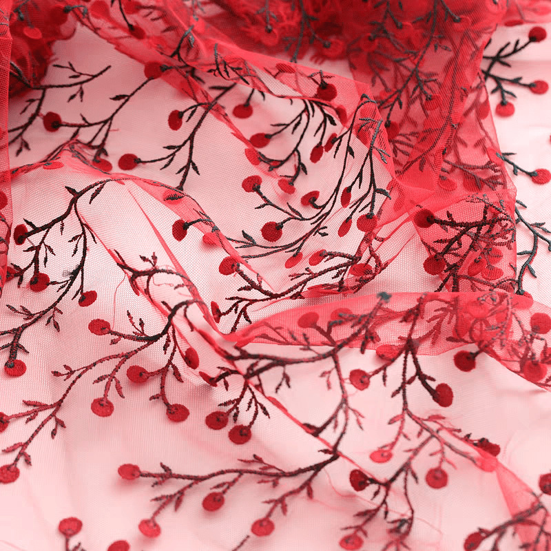 Vibrant Red Floral Embroidered Tulle Fabric - WonderlandByLilian