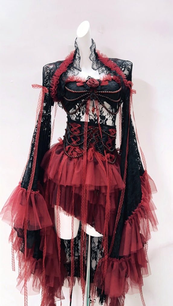Victorian Gothic Black and Burgundy Lace Corset Dress with Layered Tulle Skirt – Gothic Corset Dress with Long Sleeves Plus Size
