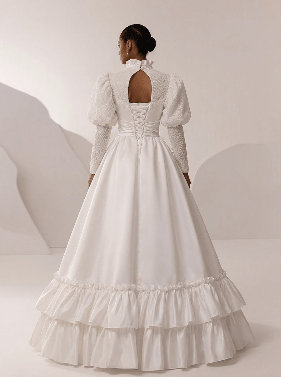 Victorian High Neck Wedding Dress with Puff Sleeves – Long Sleeves Wedding Dress with Ruffle Hem Plus Size - WonderlandByLilian