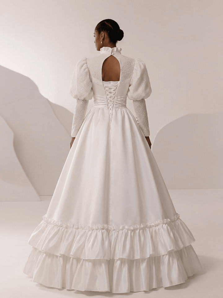 Victorian High Neck Wedding Dress with Puff Sleeves – Long Sleeves Wedding Dress with Ruffle Hem Plus Size - WonderlandByLilian