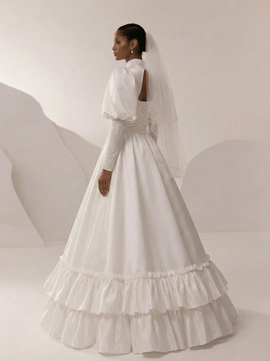 Victorian High Neck Wedding Dress with Puff Sleeves – Long Sleeves Wedding Dress with Ruffle Hem Plus Size - WonderlandByLilian