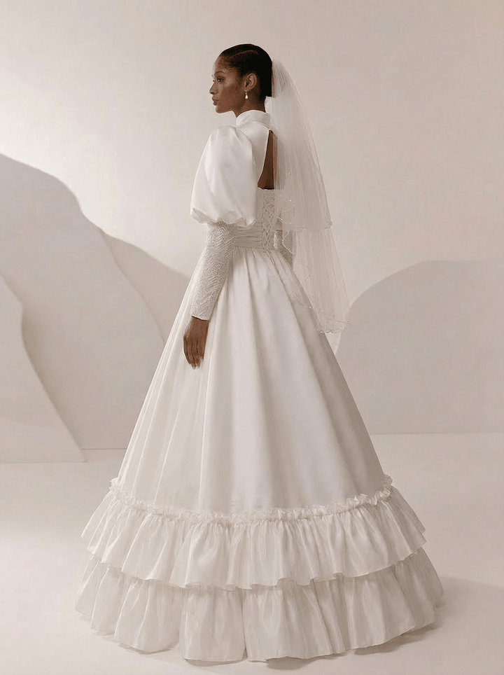 Victorian High Neck Wedding Dress with Puff Sleeves – Long Sleeves Wedding Dress with Ruffle Hem Plus Size - WonderlandByLilian