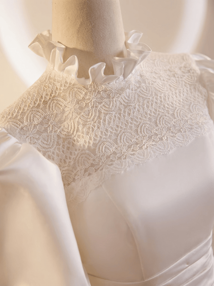 Victorian High Neck Wedding Dress with Puff Sleeves – Long Sleeves Wedding Dress with Ruffle Hem Plus Size - WonderlandByLilian
