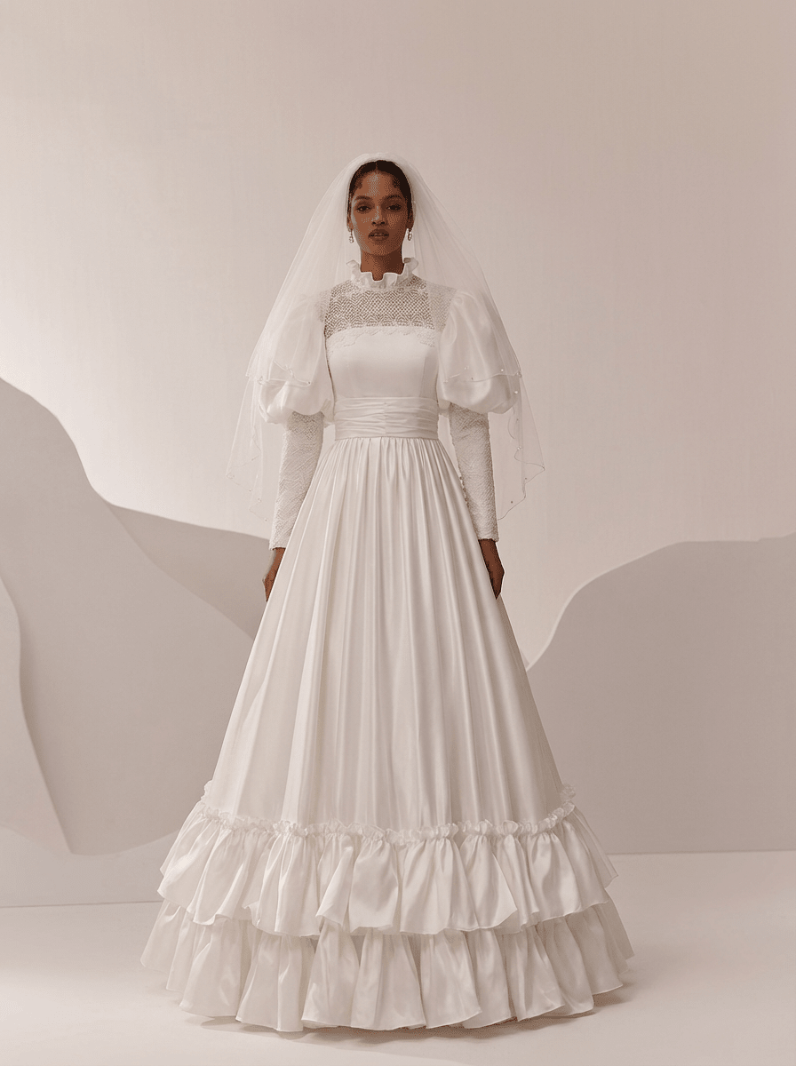 Victorian High Neck Wedding Dress with Puff Sleeves – Long Sleeves Wedding Dress with Ruffle Hem Plus Size - WonderlandByLilian