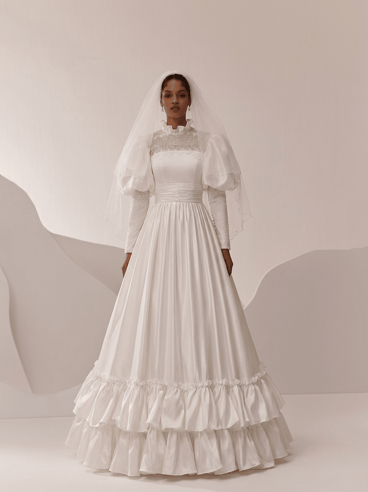 Victorian High Neck Wedding Dress with Puff Sleeves – Long Sleeves Wedding Dress with Ruffle Hem Plus Size - WonderlandByLilian