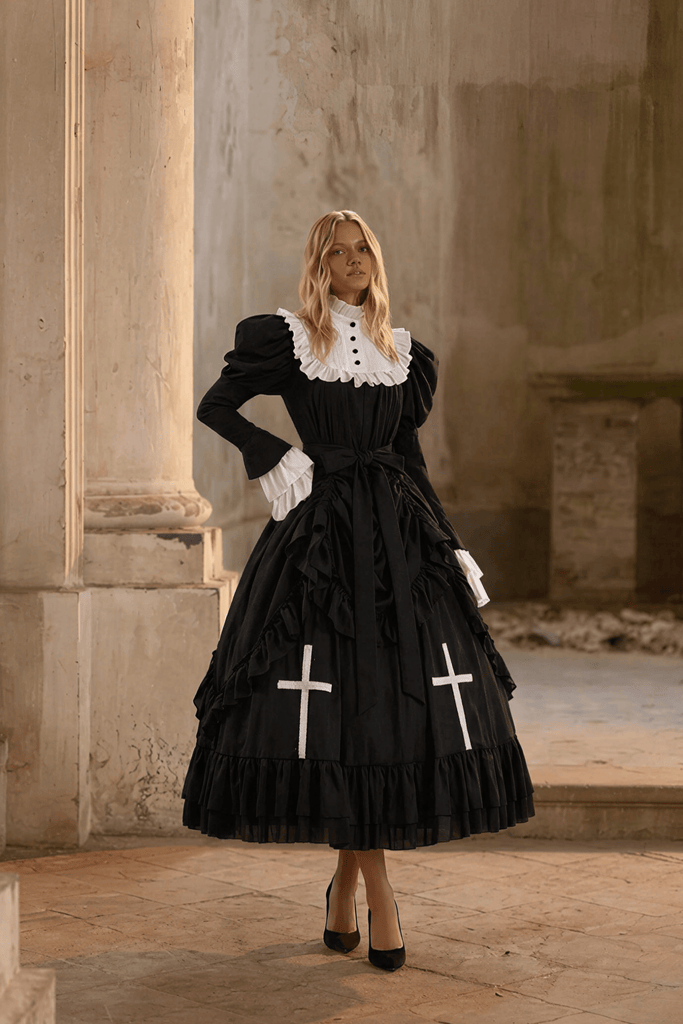 Victorian-Inspired Black and White Gothic Ball Gown with Cross Embroid – WonderlandByLilian