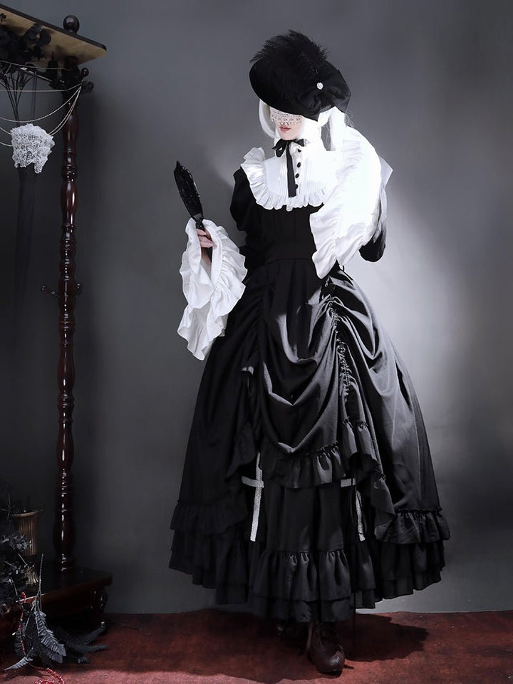 Victorian - Inspired Black and White Gothic Ball Gown with Cross Embroidery – Edwardian High Neck Lolita Dress Plus Size - WonderlandByLilian