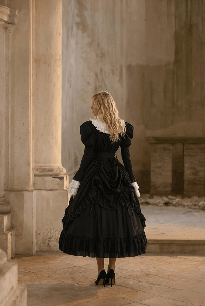 Victorian - Inspired Black and White Gothic Ball Gown with Cross Embroidery – Edwardian High Neck Lolita Dress Plus Size - WonderlandByLilian