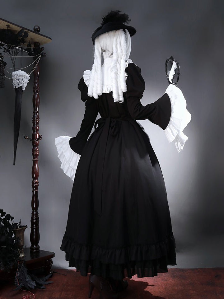 Victorian - Inspired Black and White Gothic Ball Gown with Cross Embroidery – Edwardian High Neck Lolita Dress Plus Size - WonderlandByLilian