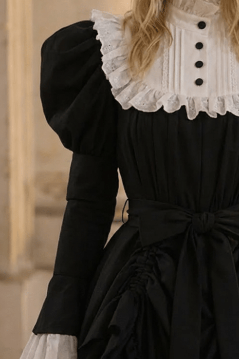 Victorian - Inspired Black and White Gothic Ball Gown with Cross Embroidery – Edwardian High Neck Lolita Dress Plus Size - WonderlandByLilian