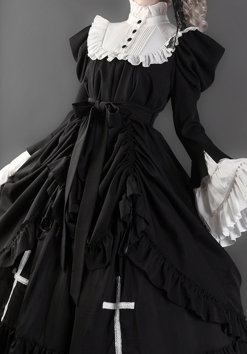 Victorian - Inspired Black and White Gothic Ball Gown with Cross Embroidery – Edwardian High Neck Lolita Dress Plus Size - WonderlandByLilian