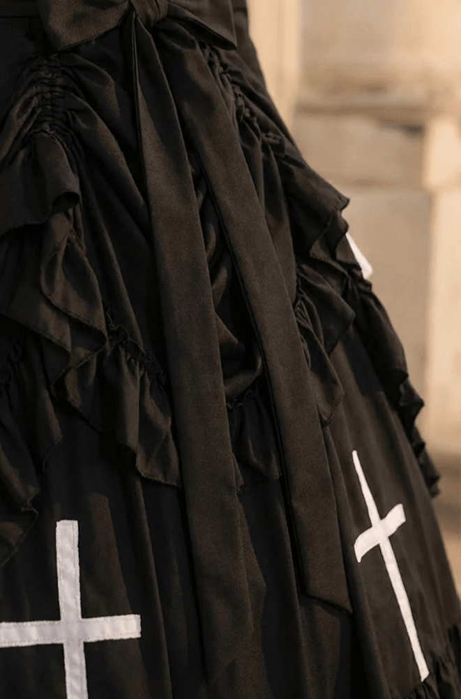 Victorian - Inspired Black and White Gothic Ball Gown with Cross Embroidery – Edwardian High Neck Lolita Dress Plus Size - WonderlandByLilian