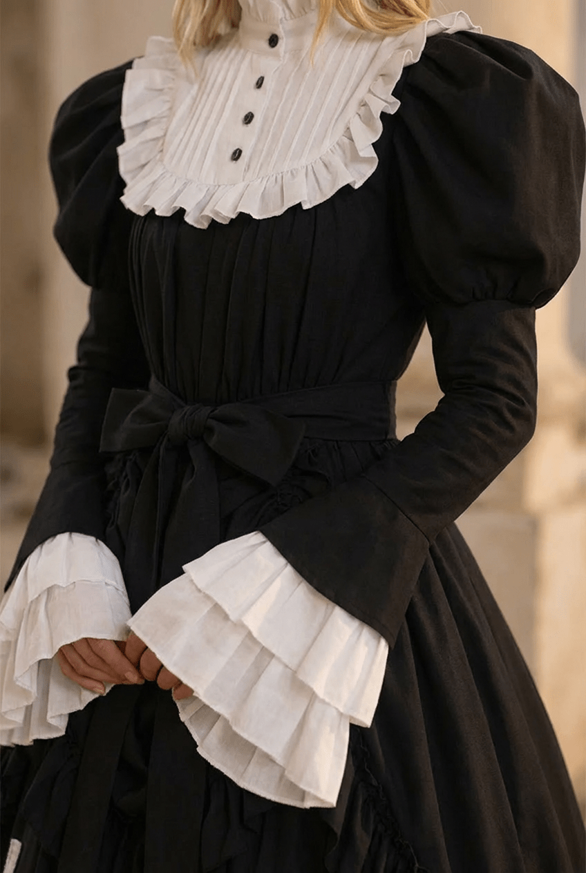 gothic lolita black and white crosses dress Victorian-Inspired Black and White Gothic Ball Gown with Cross Embroid – WonderlandByLilian