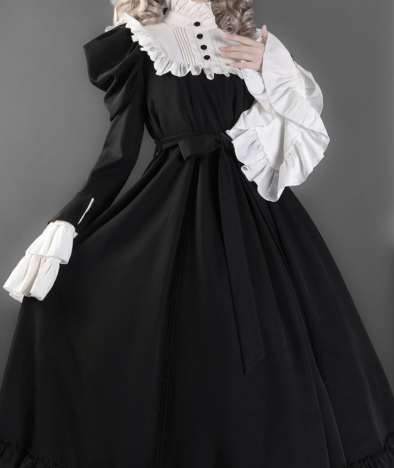 Victorian - Inspired Black and White Gothic Ball Gown with Cross Embroidery – Edwardian High Neck Lolita Dress Plus Size - WonderlandByLilian