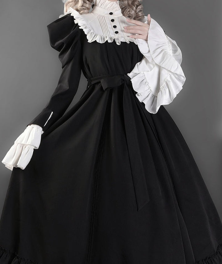 Victorian - Inspired Black and White Gothic Ball Gown with Cross Embroidery – Edwardian High Neck Lolita Dress Plus Size - WonderlandByLilian