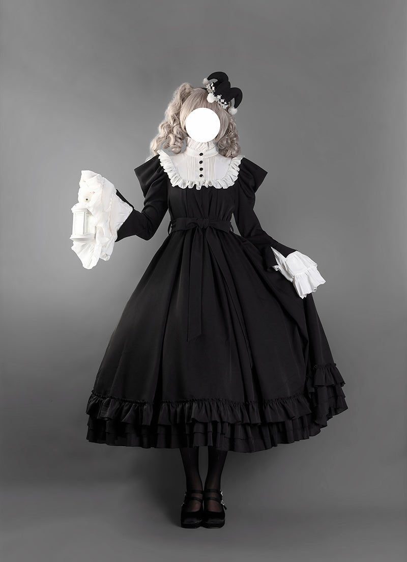 Victorian - Inspired Black and White Gothic Ball Gown with Cross Embroidery – Edwardian High Neck Lolita Dress Plus Size - WonderlandByLilian