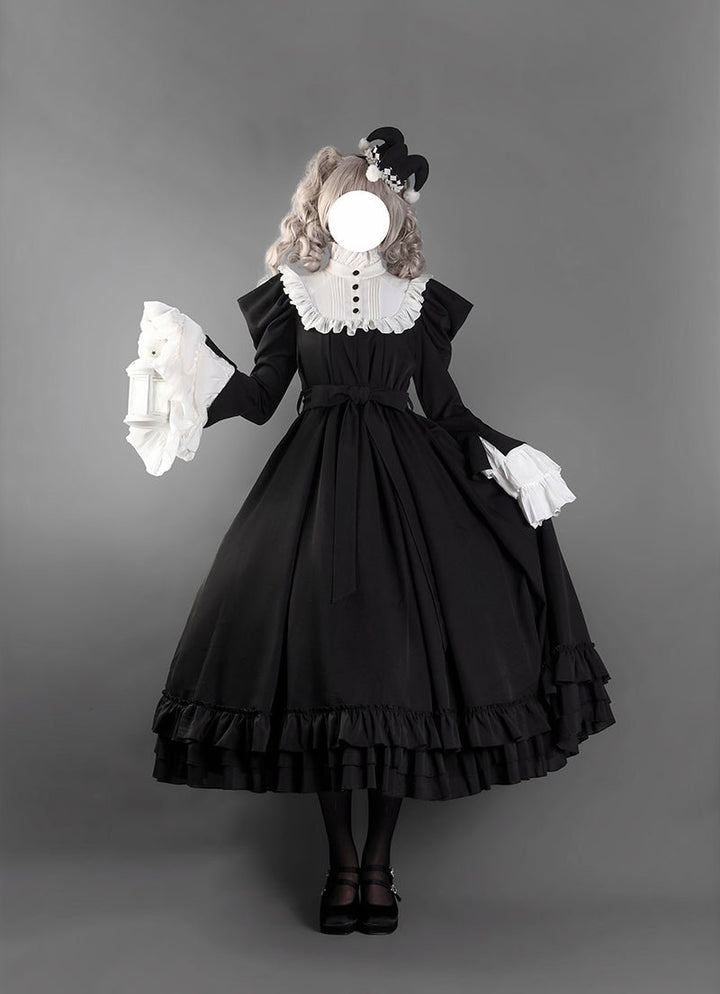 Victorian - Inspired Black and White Gothic Ball Gown with Cross Embroidery – Edwardian High Neck Lolita Dress Plus Size - WonderlandByLilian