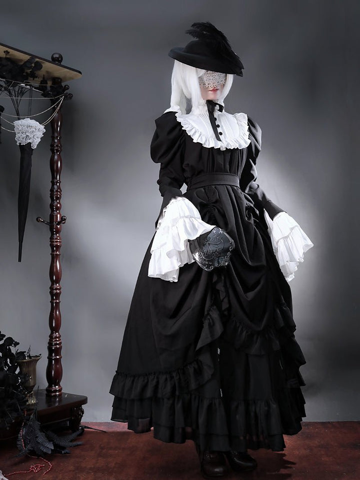 Victorian - Inspired Black and White Gothic Ball Gown with Cross Embroidery – Edwardian High Neck Lolita Dress Plus Size - WonderlandByLilian