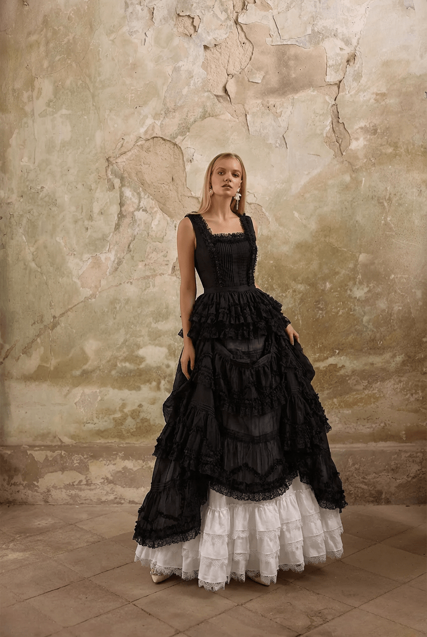 Victorian - Inspired Black and White Gothic Lolita Ball Gown with Tiered Ruffles – Tencel Organza Dress with Lace Trim Plus Size - WonderlandByLilian