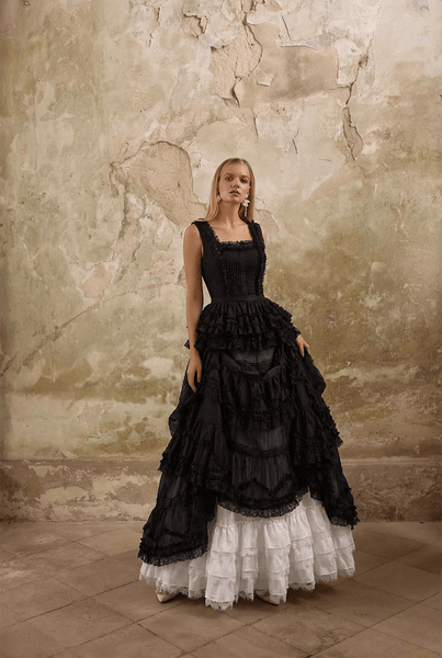 Victorian-Inspired Black and White Gothic Lolita Ball Gown with Tiered Ruffles – Tencel Organza Dress with Lace Trim Plus Size Size 12 / Black