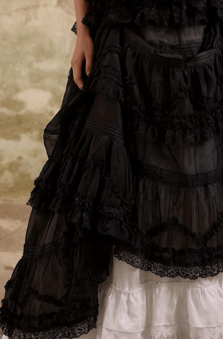 Victorian - Inspired Black and White Gothic Lolita Ball Gown with Tiered Ruffles – Tencel Organza Dress with Lace Trim Plus Size - WonderlandByLilian