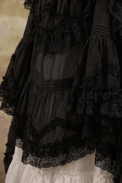 Victorian - Inspired Black and White Gothic Lolita Ball Gown with Tiered Ruffles – Tencel Organza Dress with Lace Trim Plus Size - WonderlandByLilian