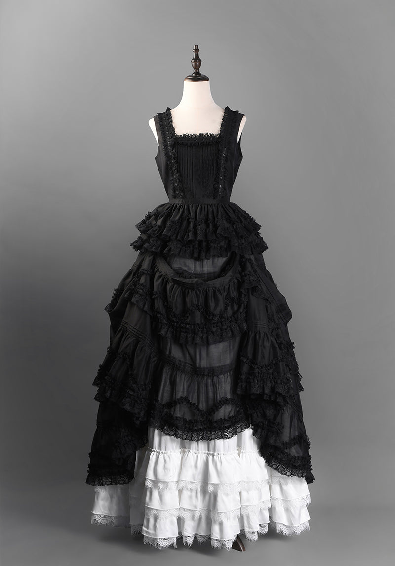 gothic lolita black and white dress Victorian-Inspired Black and White Gothic Lolita Ball Gown with Tiered Ruffles – Tencel Organza Dress with Lace Trim Plus Size Size 12 / Black