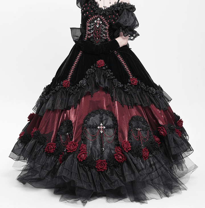 Victorian - Inspired Black Gothic Lolita Ball Gown with Burgundy Satin and Edwardian Lace – Gothic Evening Dress Plus Size - WonderlandByLilian