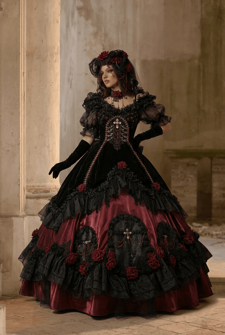 Victorian - Inspired Black Gothic Lolita Ball Gown with Burgundy Satin and Edwardian Lace – Gothic Evening Dress Plus Size - WonderlandByLilian