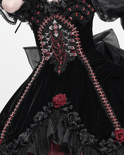 Victorian - Inspired Black Gothic Lolita Ball Gown with Burgundy Satin and Edwardian Lace – Gothic Evening Dress Plus Size - WonderlandByLilian
