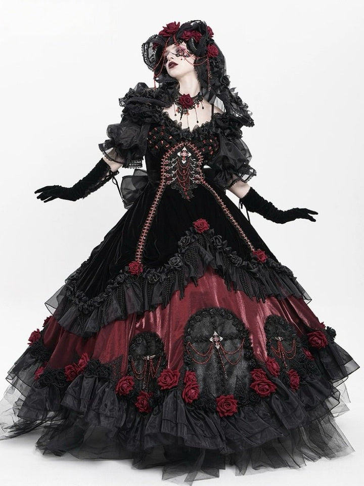 Victorian - Inspired Black Gothic Lolita Ball Gown with Burgundy Satin and Edwardian Lace – Gothic Evening Dress Plus Size - WonderlandByLilian