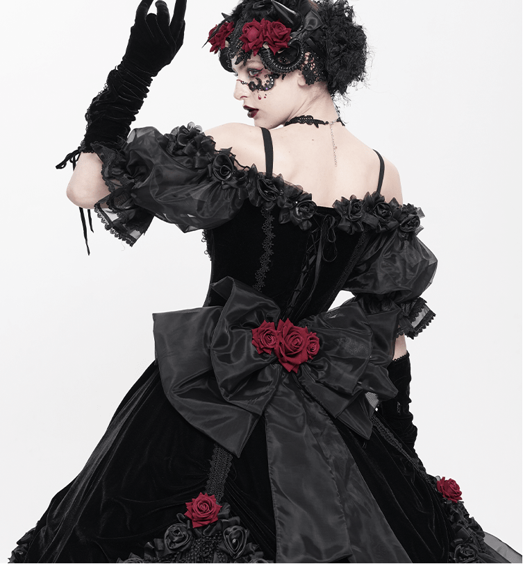 Victorian - Inspired Black Gothic Lolita Ball Gown with Burgundy Satin and Edwardian Lace – Gothic Evening Dress Plus Size - WonderlandByLilian