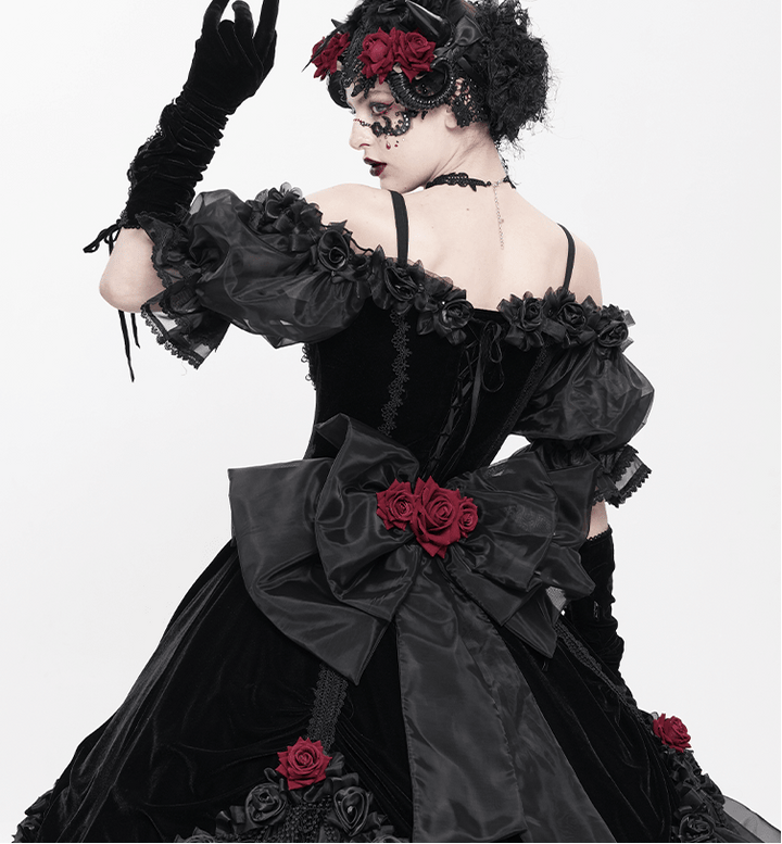 Victorian - Inspired Black Gothic Lolita Ball Gown with Burgundy Satin and Edwardian Lace – Gothic Evening Dress Plus Size - WonderlandByLilian