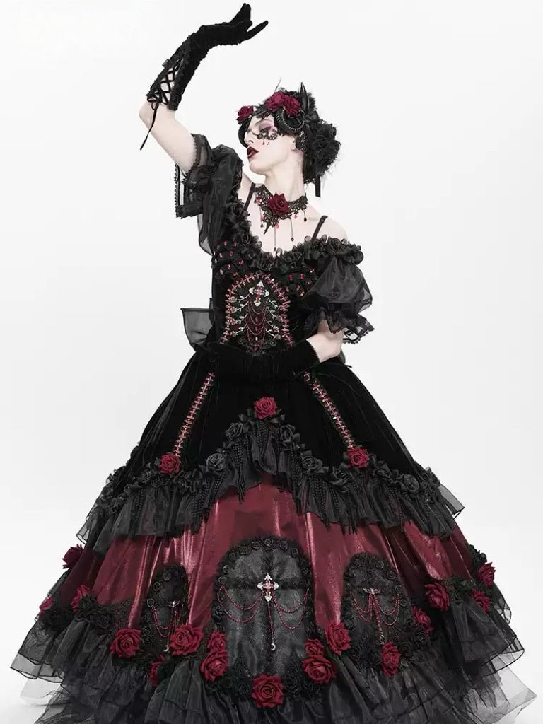 Victorian - Inspired Black Gothic Lolita Ball Gown with Burgundy Satin and Edwardian Lace – Gothic Evening Dress Plus Size - WonderlandByLilian