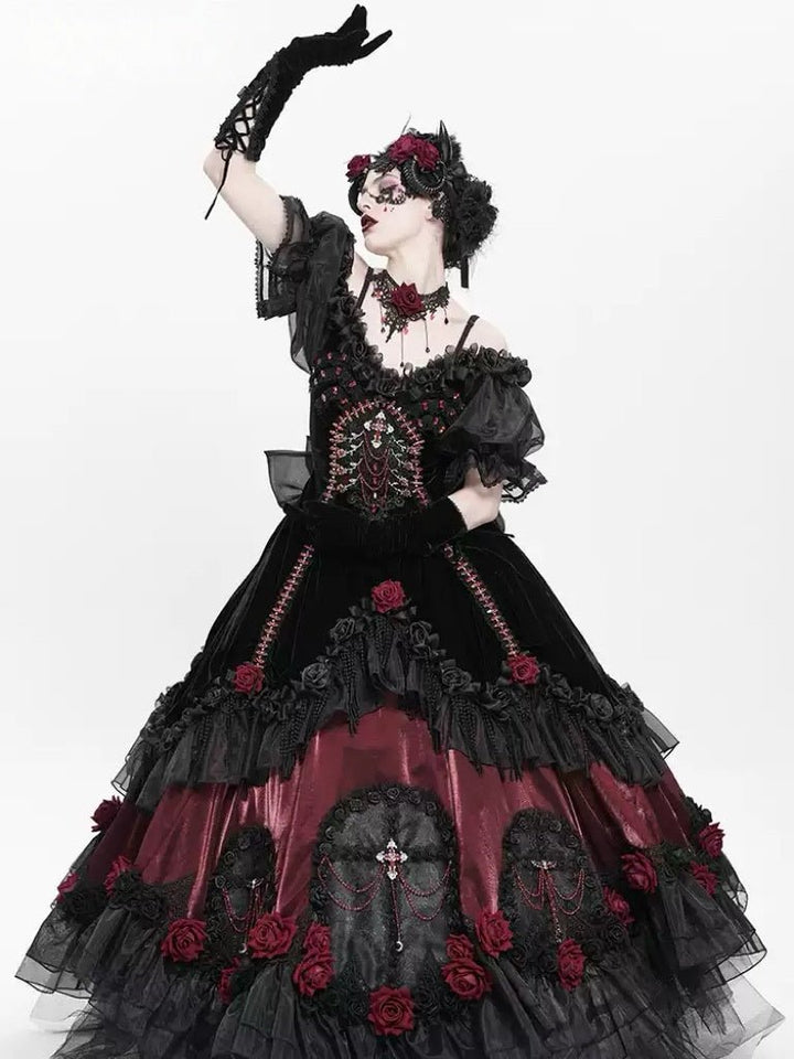 Victorian - Inspired Black Gothic Lolita Ball Gown with Burgundy Satin and Edwardian Lace – Gothic Evening Dress Plus Size - WonderlandByLilian