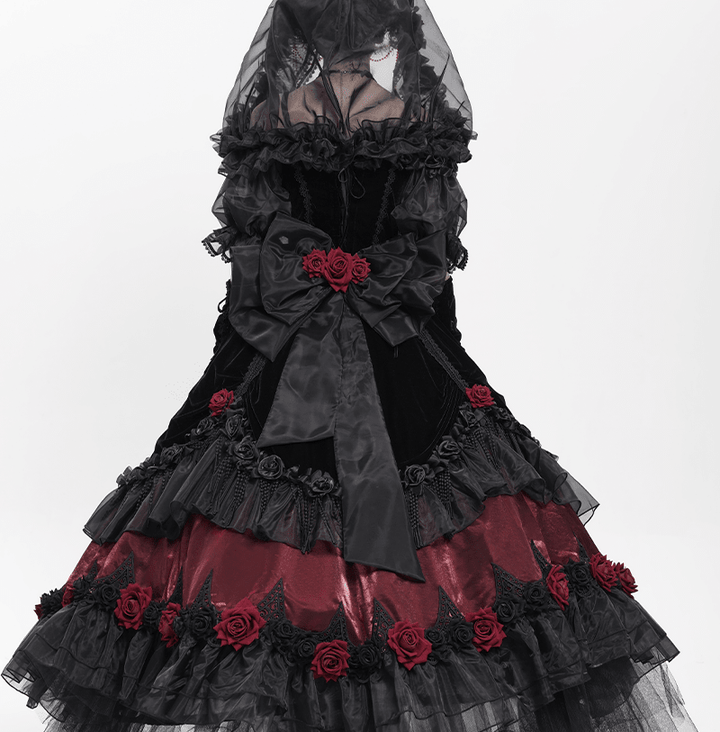 Victorian - Inspired Black Gothic Lolita Ball Gown with Burgundy Satin and Edwardian Lace – Gothic Evening Dress Plus Size - WonderlandByLilian