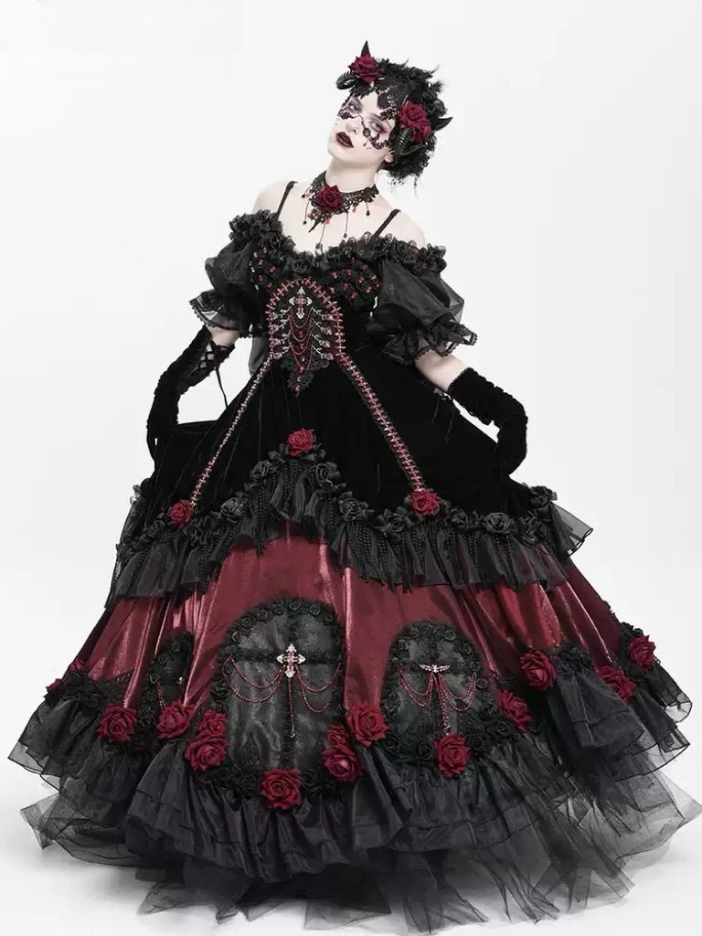 Victorian - Inspired Black Gothic Lolita Ball Gown with Burgundy Satin and Edwardian Lace – Gothic Evening Dress Plus Size - WonderlandByLilian