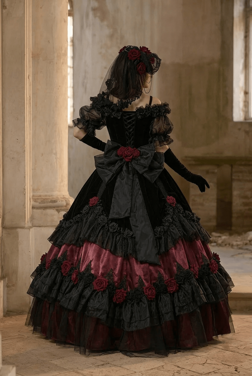 Victorian - Inspired Black Gothic Lolita Ball Gown with Burgundy Satin and Edwardian Lace – Gothic Evening Dress Plus Size - WonderlandByLilian