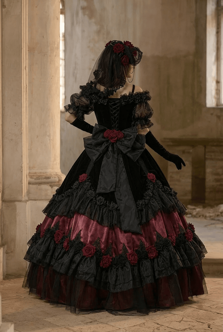 Victorian - Inspired Black Gothic Lolita Ball Gown with Burgundy Satin and Edwardian Lace – Gothic Evening Dress Plus Size - WonderlandByLilian