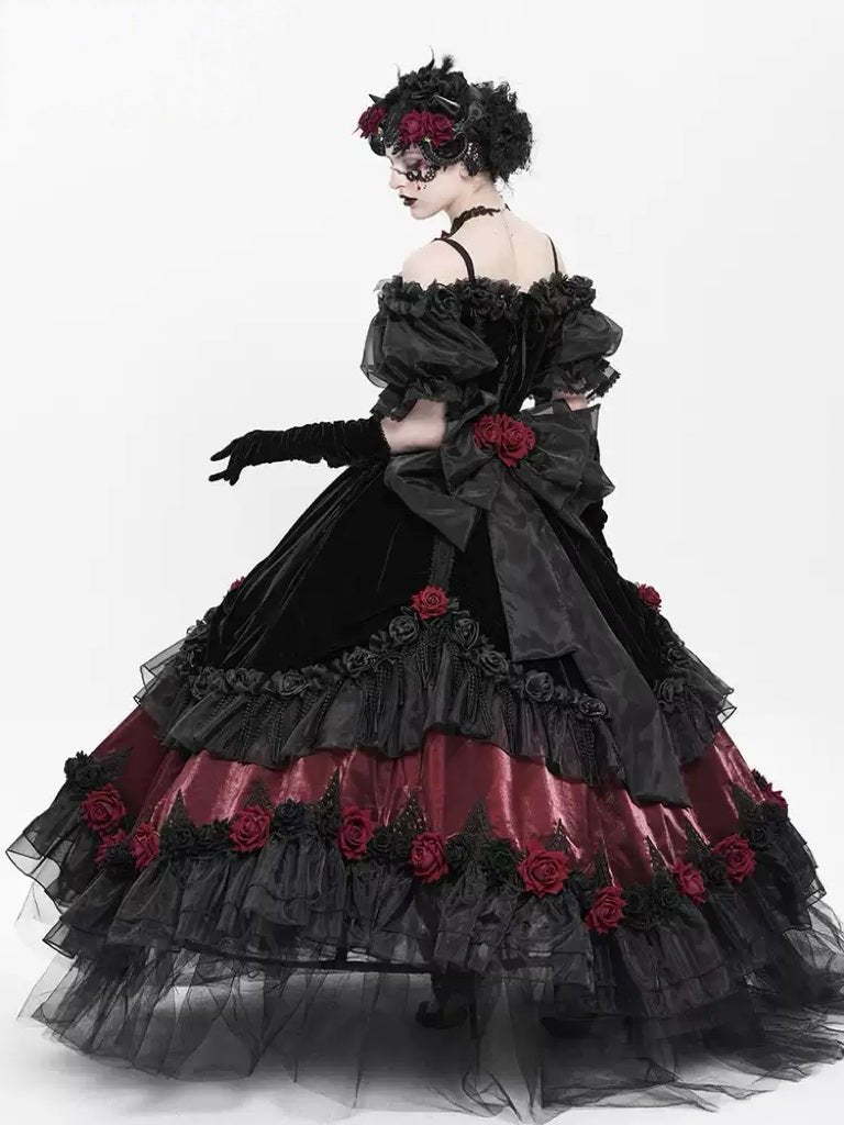Victorian - Inspired Black Gothic Lolita Ball Gown with Burgundy Satin and Edwardian Lace – Gothic Evening Dress Plus Size - WonderlandByLilian