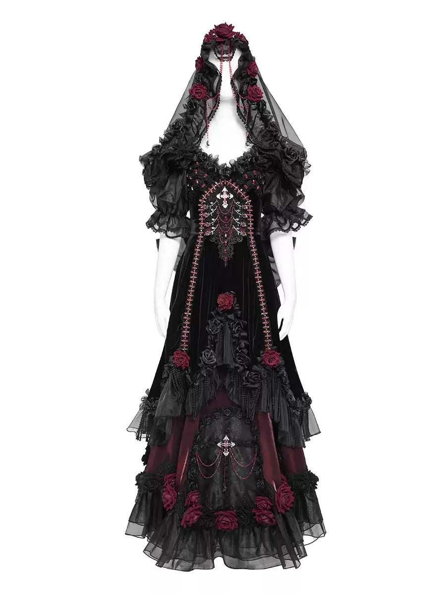 Victorian - Inspired Black Gothic Lolita Ball Gown with Burgundy Satin and Edwardian Lace – Gothic Evening Dress Plus Size - WonderlandByLilian