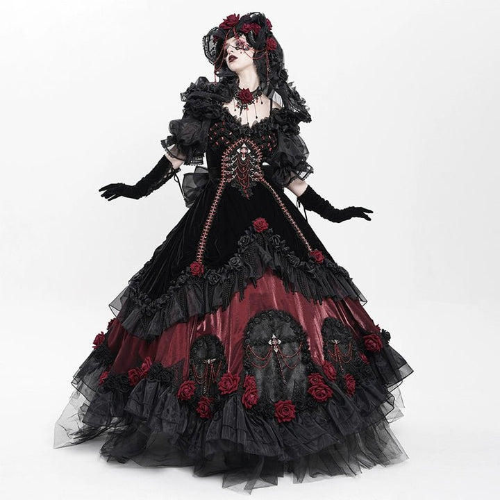 Victorian - Inspired Black Gothic Lolita Ball Gown with Burgundy Satin and Edwardian Lace – Gothic Evening Dress Plus Size - WonderlandByLilian